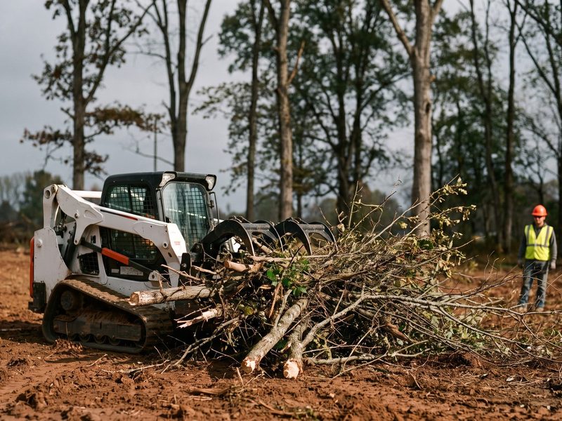 Loader clearing brush and small trees from an overgrown lot